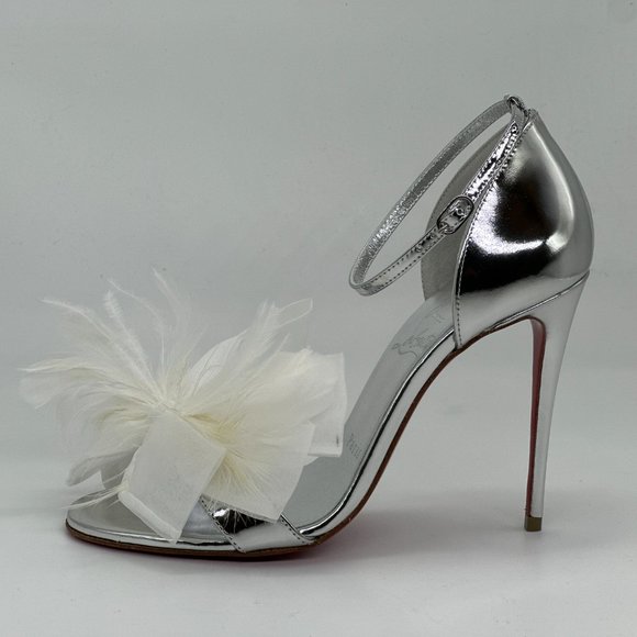 Christian Louboutin ANEMONA 100 Feather Bow Metallic Sandals Heels Shoes - Picture 7 of 16